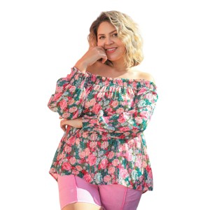 Slickblue Women's Plus Sheer Off Shoulder Floral Blouse, High Low Hem Top with Metallic Detail, Green Mix/Pink Mix, XL-2XL - 1 of 4