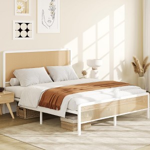 homfan Rattan Bed - LED Headboard, Steel Slat Support, Heavy Duty Frame, No Box Spring - Boho - 1 of 4