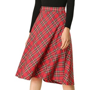 INSPIRE CHIC Women's Tartan Plaid High Waist Belted Vintage A-Line Midi Skirt - 1 of 4