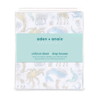 Gray Cotton Muslin Crib Sheet with Natural History Print