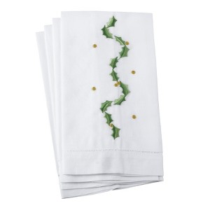 Saro Lifestyle Holly Leaf Garland Embroidery Christmas Holiday Hemstitched Border Linen Cotton Guest Towel - Set of 4, 14"x22", White - 1 of 2