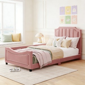 Luxystar Twin Size Upholstered Daybed with Classic Stripe Shaped Headboard and One Side Guardrail - 1 of 4