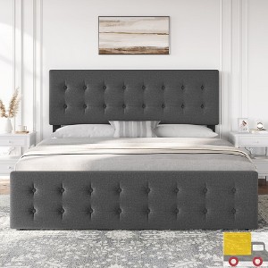 Jojoka Bed Frame with 4 Storage Drawers and Adjustable Linen Headboard, Button-Tufted Upholstered Platform Bed with Wooden Slats - 1 of 4