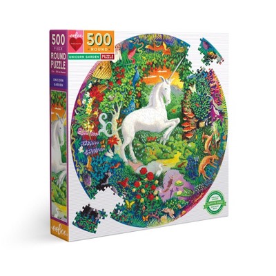 eeBoo: Piece and Love Unicorn Garden 500 Piece Round Jigsaw Puzzle