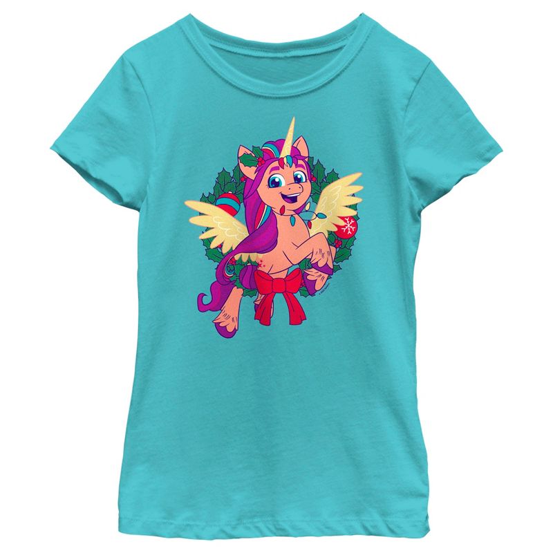 Girl's My Little Pony: A New Generation Sunny Starscout Christmas Wreath T-Shirt, 1 of 5