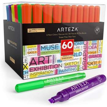 Arteza Highlighters, Broad & Narrow Chisel Tips, Alcohol-Based, 6 Assorted Colors, for School - 60 Pack