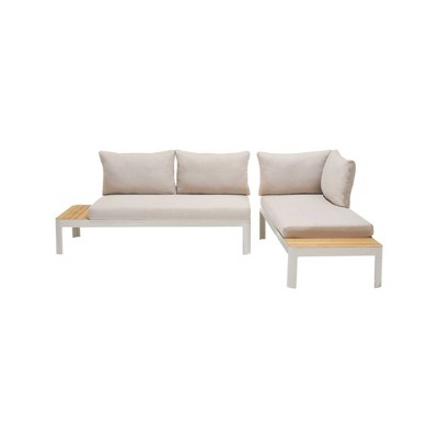 2pc Portals Outdoor Sofa Set in Light Matte Sand Finish with Beige Cushions and Natural Teak Wood - Armen Living