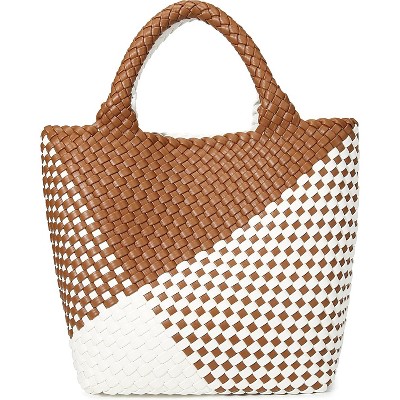 Paaaawaters Woven Bag for Women, Vegan Leather Tote Bag Large Summer Beach Travel Handbag