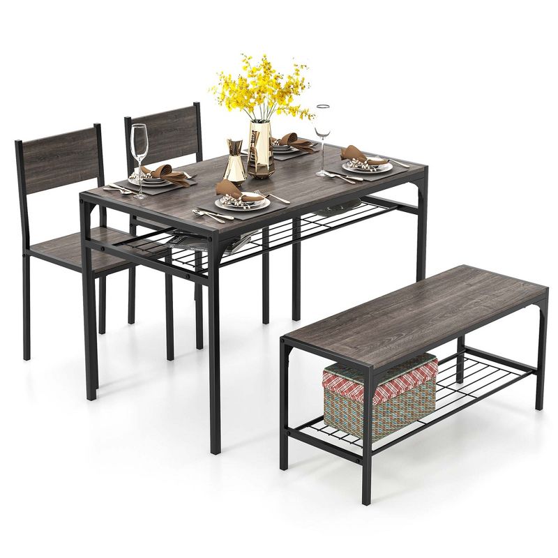 Costway Dining Table Set for 4 Rectangular Table with 2 Chairs, 1 Bench, Storage Racks Rustic Brown/Grey, 1 of 11