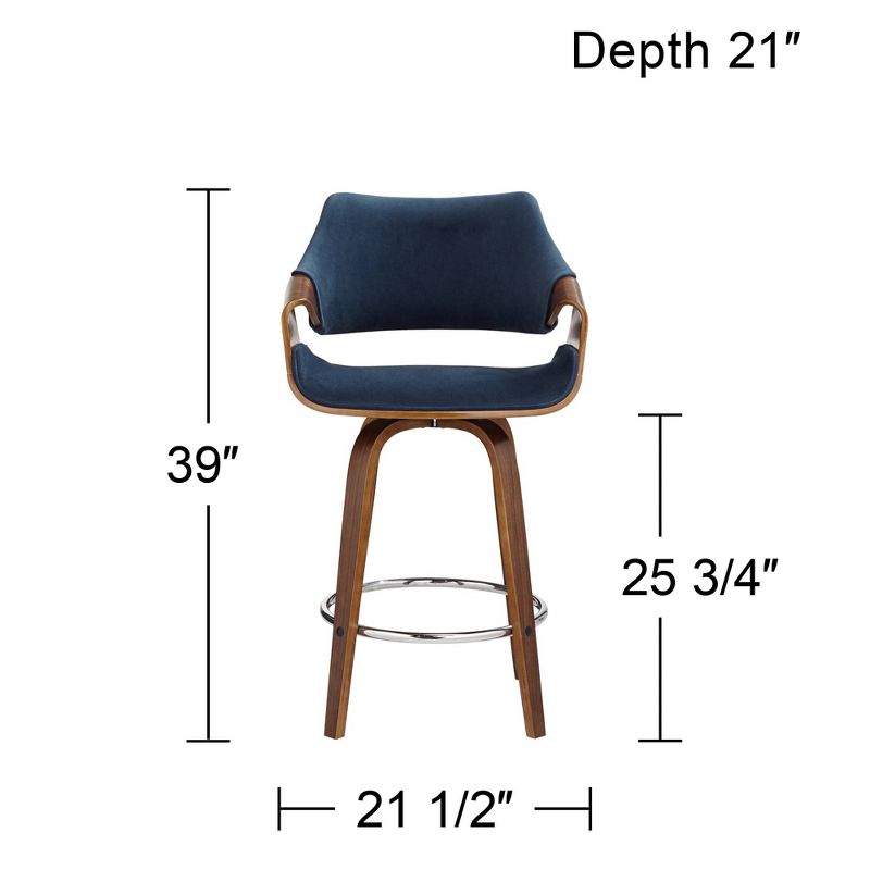 Studio 55D Westin Walnut Swivel Bar Stool 25 3/4" High Mid Century Modern Blue Cushion with Backrest Footrest for Kitchen Counter Height Island House, 4 of 10