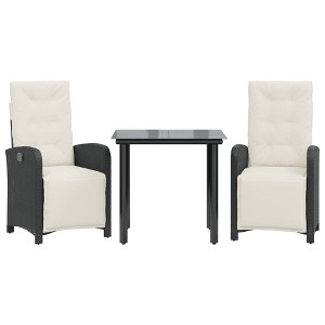 vidaXL 3 Piece Bistro Set-Black Poly Rattan-Reclining Chairs with Cushions-Tempered Glass Table-Adjustable Footrest-Weather-Resistant - 1 of 4