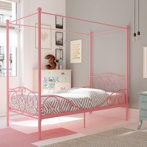 KWPZQEB Canopy Metal Bed with Headboard and Footboard, Canopy Bed Frame Heart-Shaped Scroll Design & Round Top Post for Girl, Pink - 1 of 4