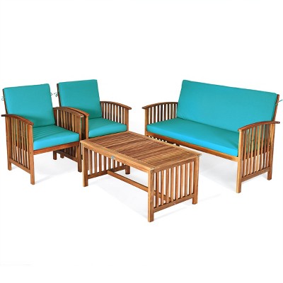 Tangkula 4PCS Patio Acacia Wood Sofa Set Conversation Couch Coffee Table with Cushions