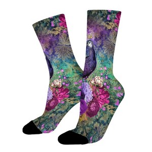 Elegant Purple Teal Peacock Floral Women Printed Crew Socks Funny Funky Socks Soft Polyester Novelty Gifts for Artists Men - 1 of 4