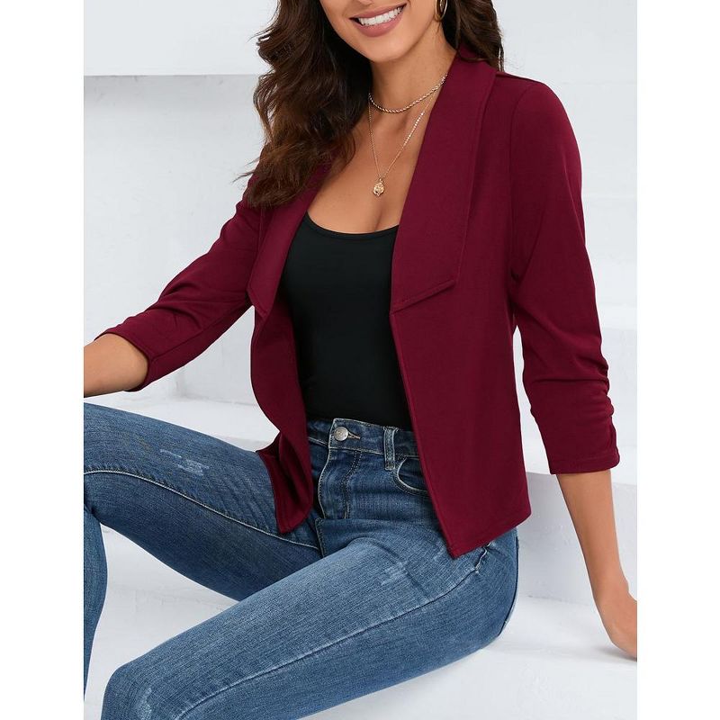 Whizmax Women's 3/4 Sleeve Blazer Casual Open Front Cardigan Shrugs Ruched Sleeve Office Cropped Blazer Jacket, 5 of 8