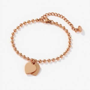 Anna-Kaci Beaded Bracelet with Dual Heart Charms Elegant Polished Metal Accents Adjustable Chain Detail for a Refined Modern Look - Gold - 1 of 4