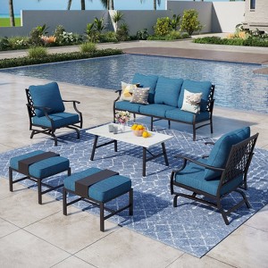 Captiva Designs 6pc Metal Patio Outdoor Conversation Set with Rocking Grid-back Chairs, Ottomans and Coffee Table - 1 of 4