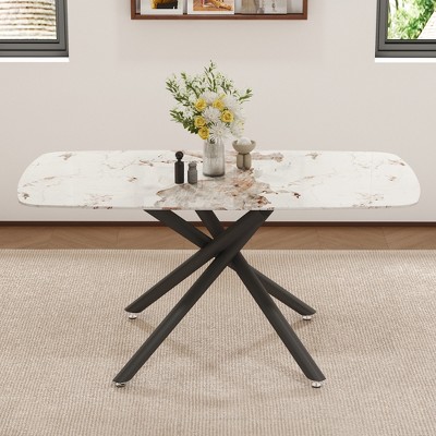 Vynxaria  White Marble-Patterned Tempered Glass Dining Table. Single Fork Black Metal Table Legs. Tempered Glass Table Top, Black Metal Leg.