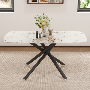 Vynxaria  White Marble-Patterned Tempered Glass Dining Table. Single Fork Black Metal Table Legs. Tempered Glass Table Top, Black Metal Leg. - 1 of 4