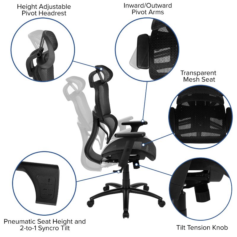 Flash Furniture Ergonomic Mesh Office Chair with 2-to-1 Synchro-Tilt, Adjustable Headrest, Lumbar Support, and Adjustable Pivot Arms, 6 of 15