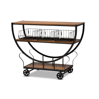 Frieda Industrial Farmhouse Wood and Black Metal Console Cart Walnut Brown - Baxton Studio