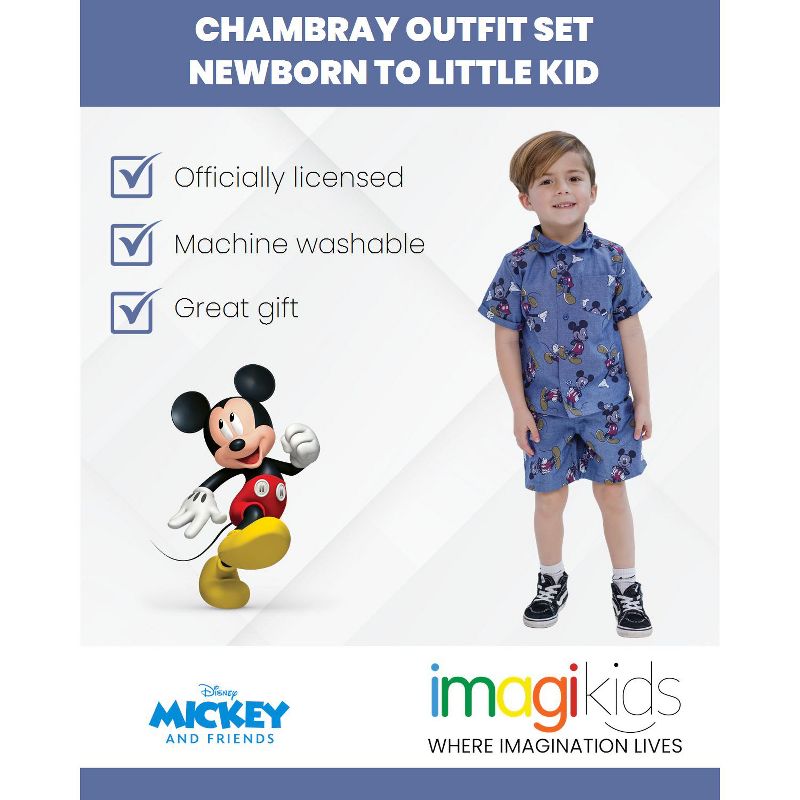 Disney Mickey Mouse Baby Chambray Hawaiian Button Down Shirt and Shorts Outfit Set Infant to Little Kid, 2 of 7