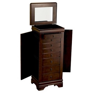 Josette Traditional Wood 8 Lined Drawer Jewelry Armoire Cherry - Powell: Freestanding with Mirror - 1 of 4