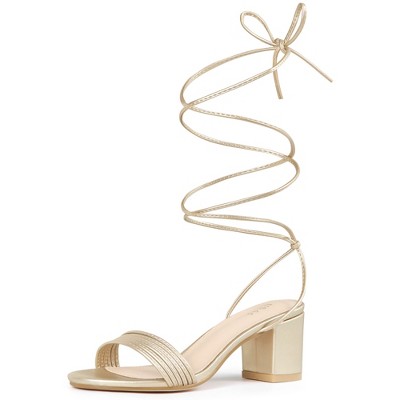 Allegra K Women's Open Toe Sparkle Strappy Lace Up Block Heel Sandals