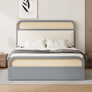 Queen Size Wooden Platform Bed With Twin-Size Trundle And 2 Drawers, Grounded Bed Modern, Trundle Beds Queen Size With Ample Storage-Cuddlewood - 1 of 4