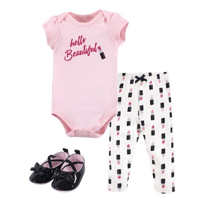 Little Treasure Baby Girl Cotton Bodysuit, Pant and Shoe 3pc Set, Lipstick