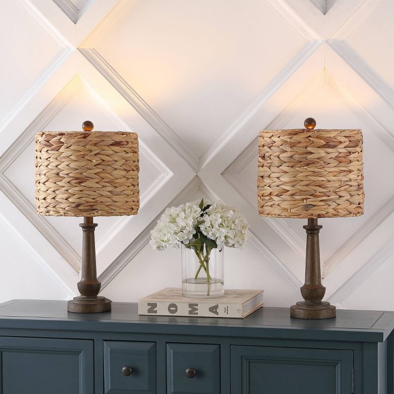 Set of 2 21.25&#34;Leona Rustic Farmhouse Handwoven Rattan/Resin Table Lamps (Includes LED Light Bulb) Brown Wood Finish - JONATHAN Y, 2 of 10