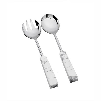 Classic Touch Set of 2 Stainless Steel Salad Servers with White and Grey Stone Handles