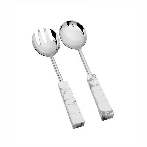 Classic Touch Set of 2 Stainless Steel Salad Servers with White and Grey Stone Handles - 1 of 4