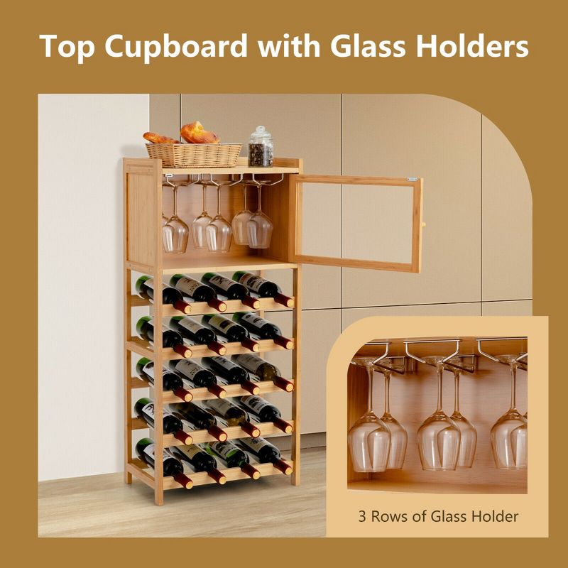 Costway 20-Bottle Bamboo Wine Rack Cabinet Freestanding Display Shelf w/ Glass Hanger, 5 of 11