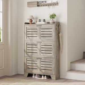 Modern Farmhouse Shoe Cabinet with 3 Turn Drawers, Narrow Entryway Storage Organizer with Hooks, Natural Wood - 1 of 4