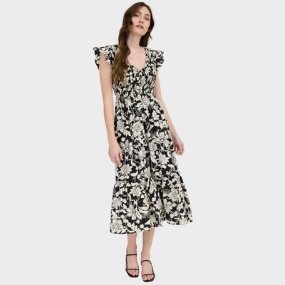 August Sky Women's Floral V-Neck Faux Button Down Smocked Midi Dress