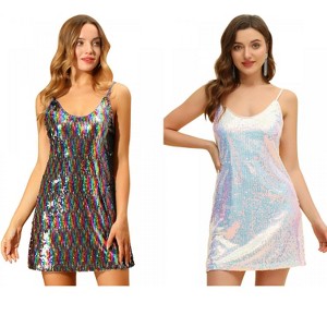 Allegra K Women's Glitter Sequin Spaghetti Strap V Neck Cocktail Sparkly Mini Dress 2 Packs - 1 of 4