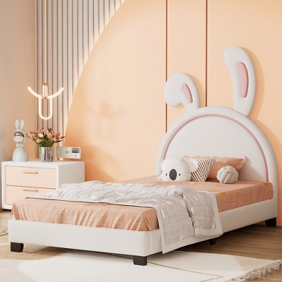 ALEXOUN Upholstered Leather Platform Bed with Rabbit Ornament and Headboard Wood & Slats,Designed for Kids Toddlers Boys Girls