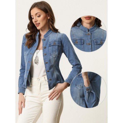 Женские куртки INSPIRE CHIC Women's Button Front Stand Collar Long Sleeve Jean Jackets with Pockets Medium White — фото 2