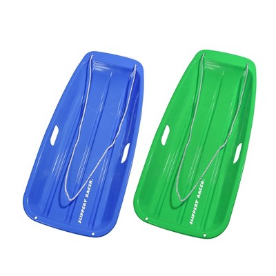 Slippery Racer Downhill Sprinter Flexible Kids Toddler Plastic Cold Weather Toboggan Snow Sleds with Pull Rope and Handles, Green and Blue