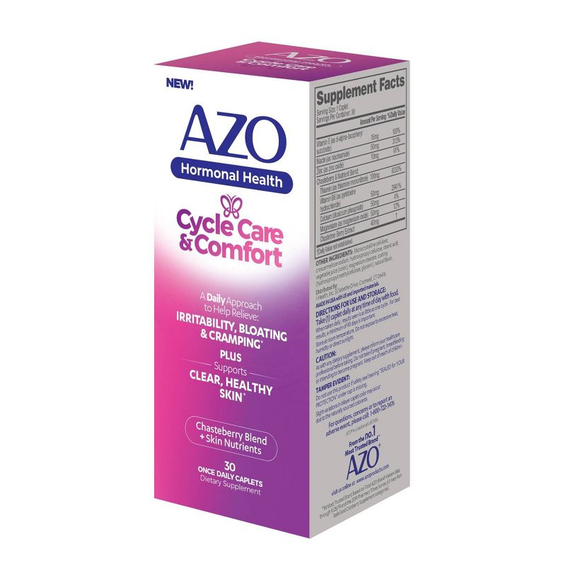 AZO Hormonal Health, Cycle Care + Comfort for Menstrual Symptoms - Chasteberry and Zinc - 30ct, 3 of 6