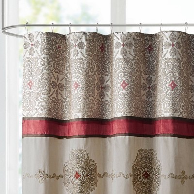 Beige and Red Embroidered Floral Shower Curtain