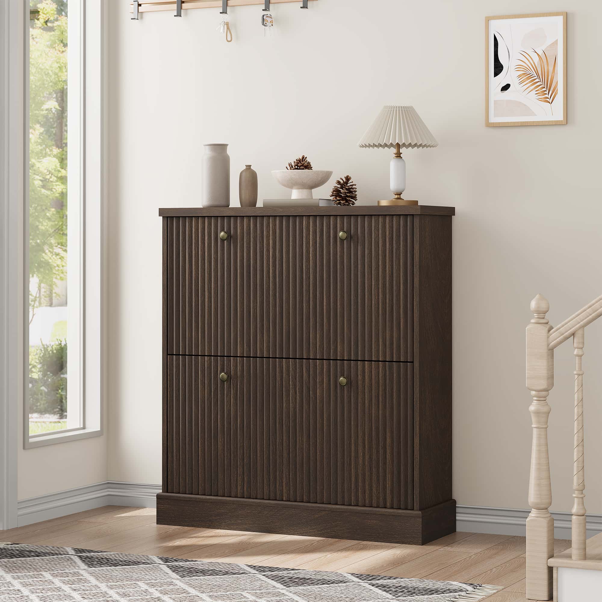GarveeHome Shoe Cabinet with 3 Flip Drawers, Hidden Wooden Fluted Shoe Cabinet with Adjustable Shelf, Freestanding Shoe Storage Cabinet for Entryway