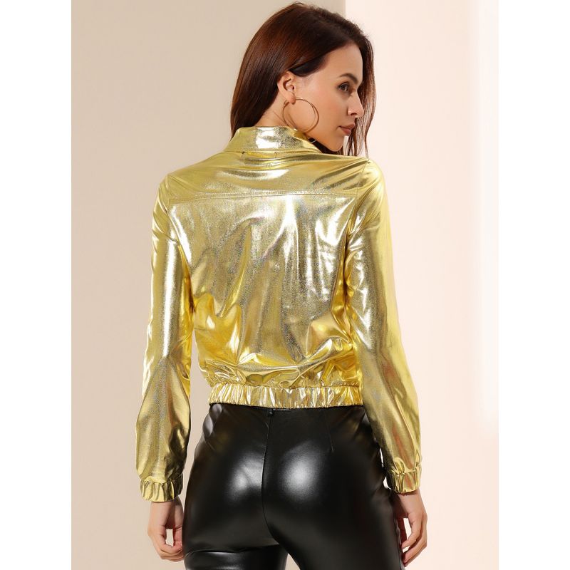 Allegra K Women's Holographic Shiny Long Sleeve Metallic Zip Front Track Jacket, 5 of 7