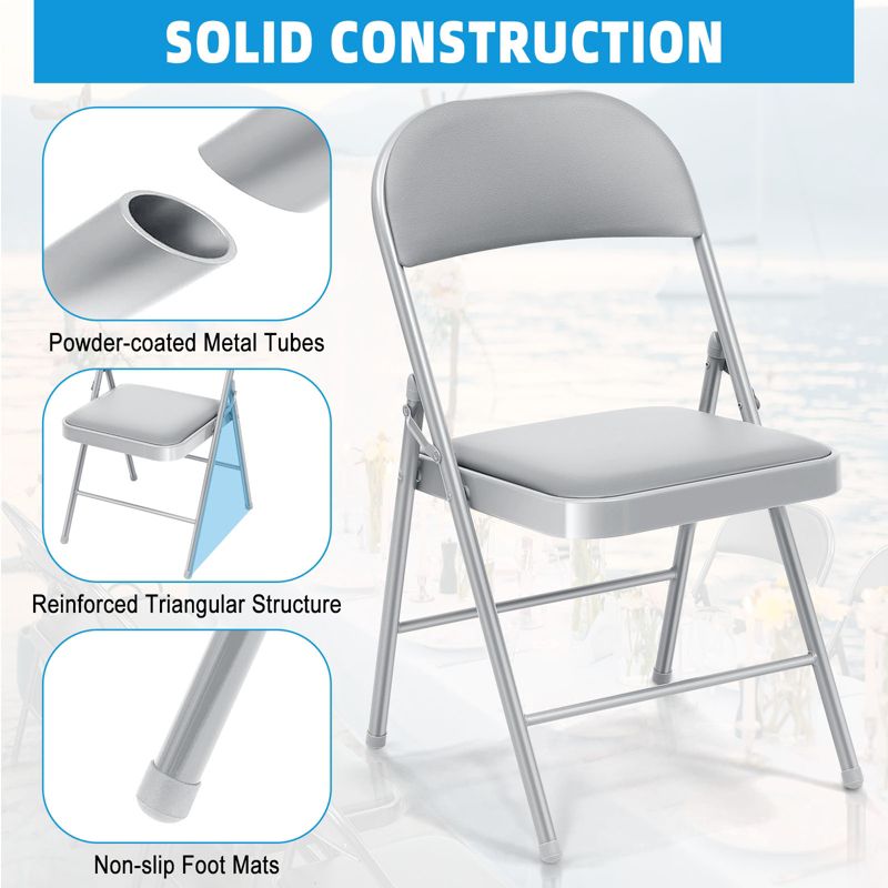 SKONYON Folding Chairs with Padded Seat Portable Vinyl Dining Chairs Set of 4 Versatile and Durable Gray, 5 of 7