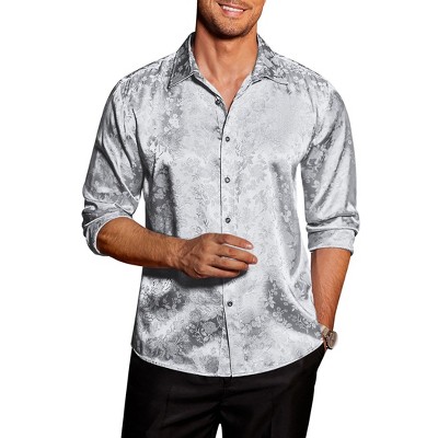 COOFANDY Men's Silk Satin Jacquard Long Sleeve Floral Button Up Shirts
