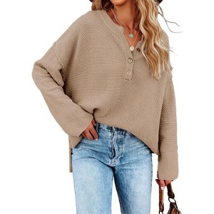 Clearlove Women's Button Detail V-Neck Pullover Sweater Solid Color Knit Top Cozy Casual Crewneck - 1 of 4