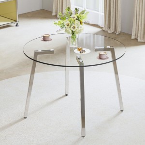Modern minimalist style circular transparent tempered glass table, tempered glass tabletop, silver metal table legs, suitable for kitchen, dining room - 1 of 3