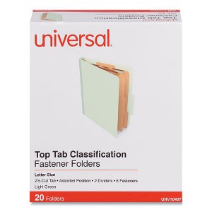 Universal Six-Section Classification Folders, Heavy-Duty Pressboard Cover, 2 Dividers, 6 Fasteners, Letter Size, Light Green, 20/Box - 1 of 4