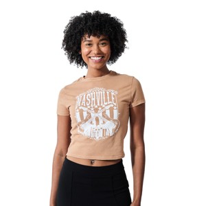 Nashville Guitars & Cityscape Women's Brown Crew Neck Short Sleeve Baby Tee - 1 of 2